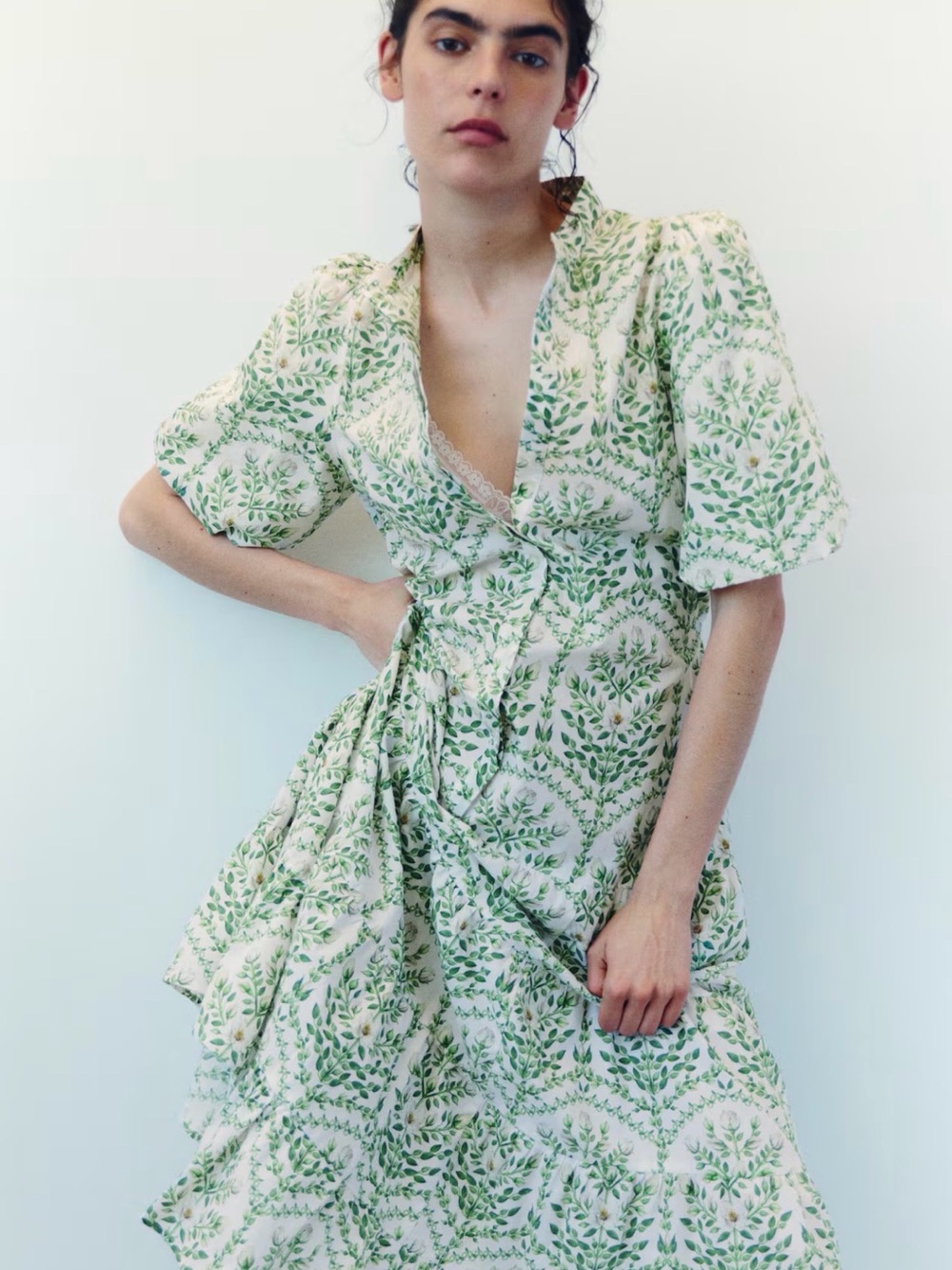 H&M Green White Floral Cotton Dress With Tie Waist Size XL NWT